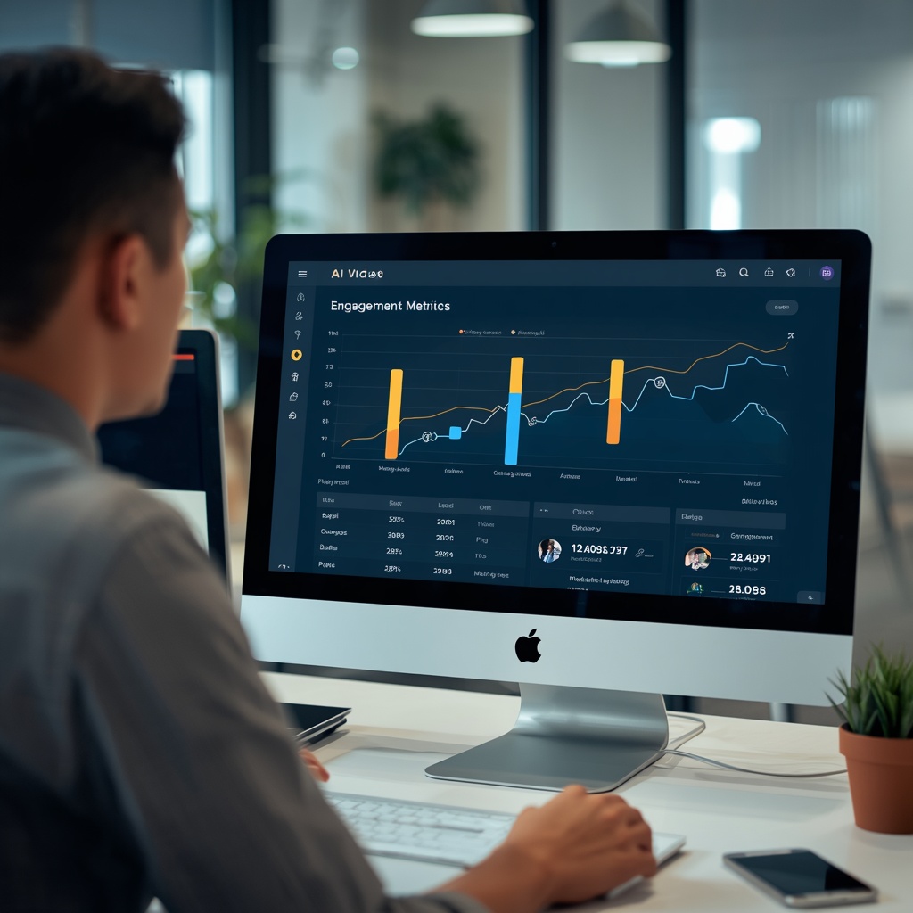revolutionizing - Graphical user interface of an AI video analytics platform showing rising engagement metrics and ROI charts
