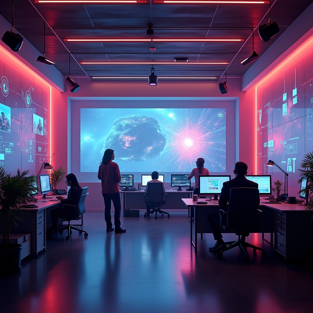 a modern video production studio filled with advanced AI technology, screens displaying AI software, creative professionals using AI tools, vibrant, futuristic atmosphere
