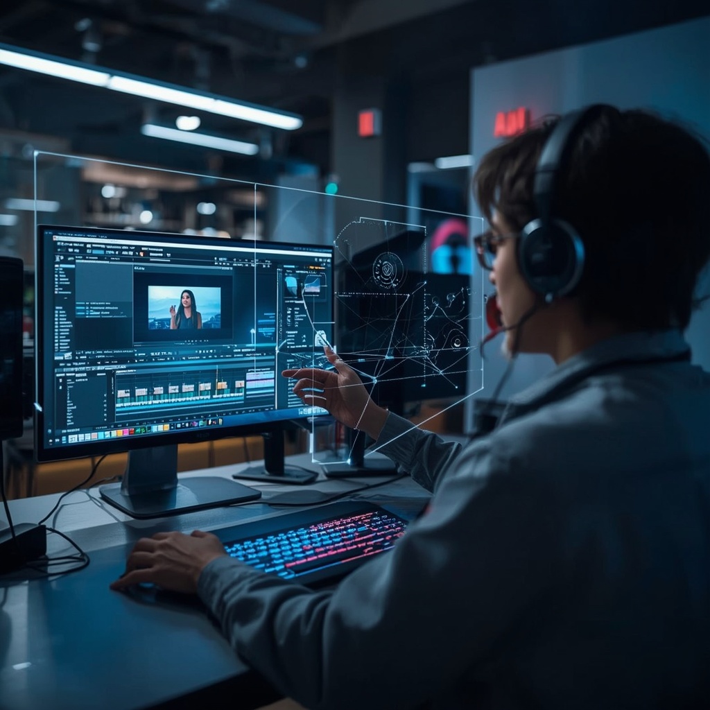 revolutionizing - video editor using AI tools on a holographic interface, futuristic studio environment, enhanced focus on th
