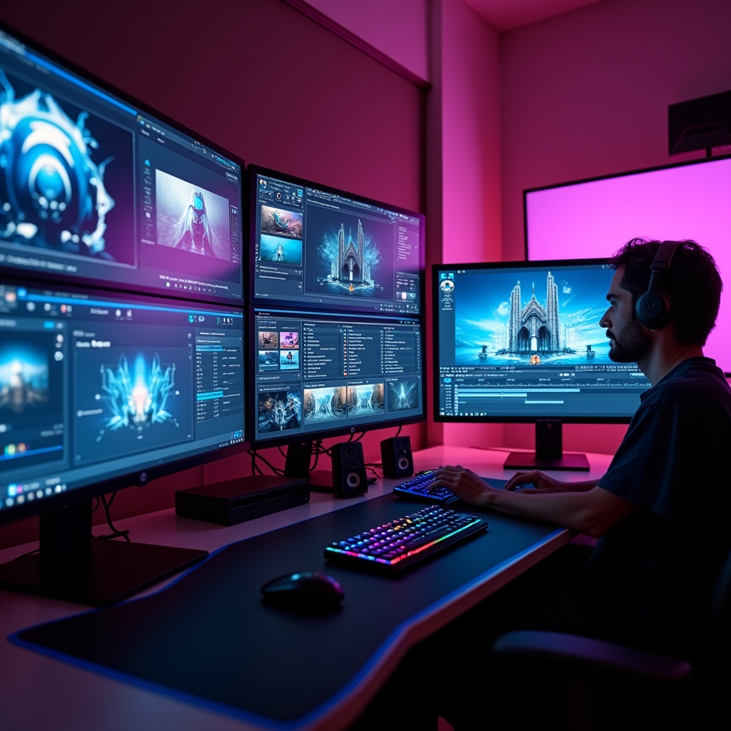 high-tech video editing suite with multiple screens displaying AI tools and software, vibrant, modern design, engaging visual of a content creator using advanced video generation technology, realistic, high-resolution
