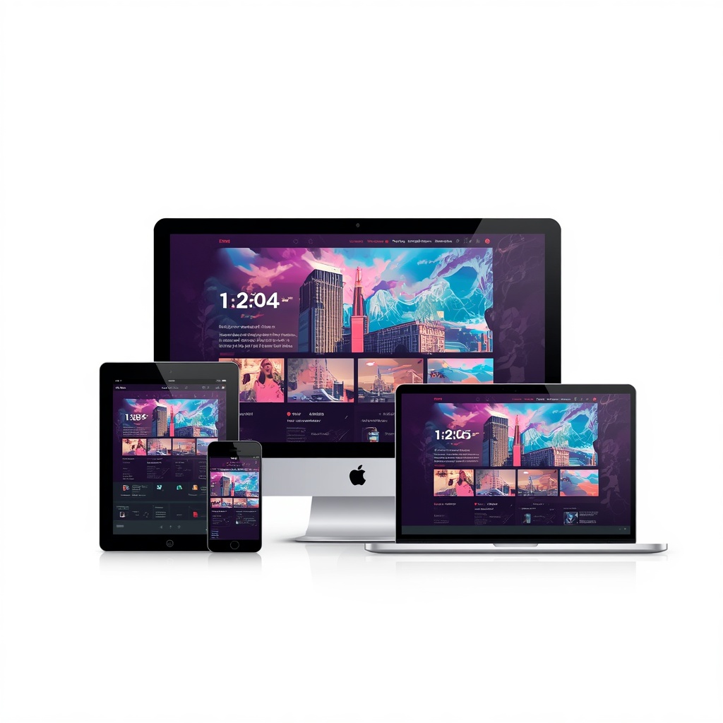 unlocking - dynamic video content display on various devices (smartphones, tablets, laptops), showing real-time data analytic
