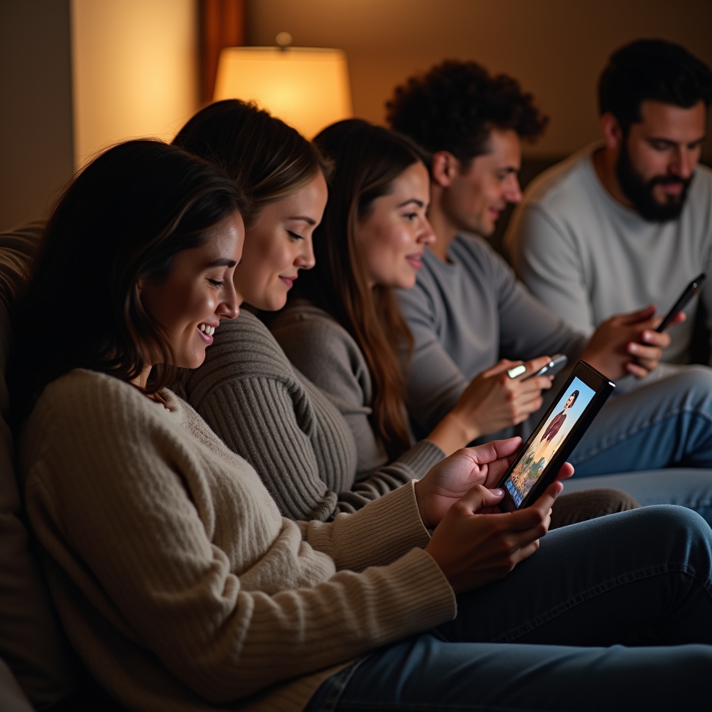 unlocking - engaged audience watching personalized video content on various devices, showing diverse ethnicities and age grou