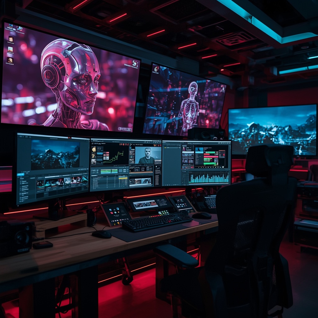 Futuristic video editing suite with multiple screens displaying advanced AI tools and interfaces, vivid colors, high-tech atmosphere