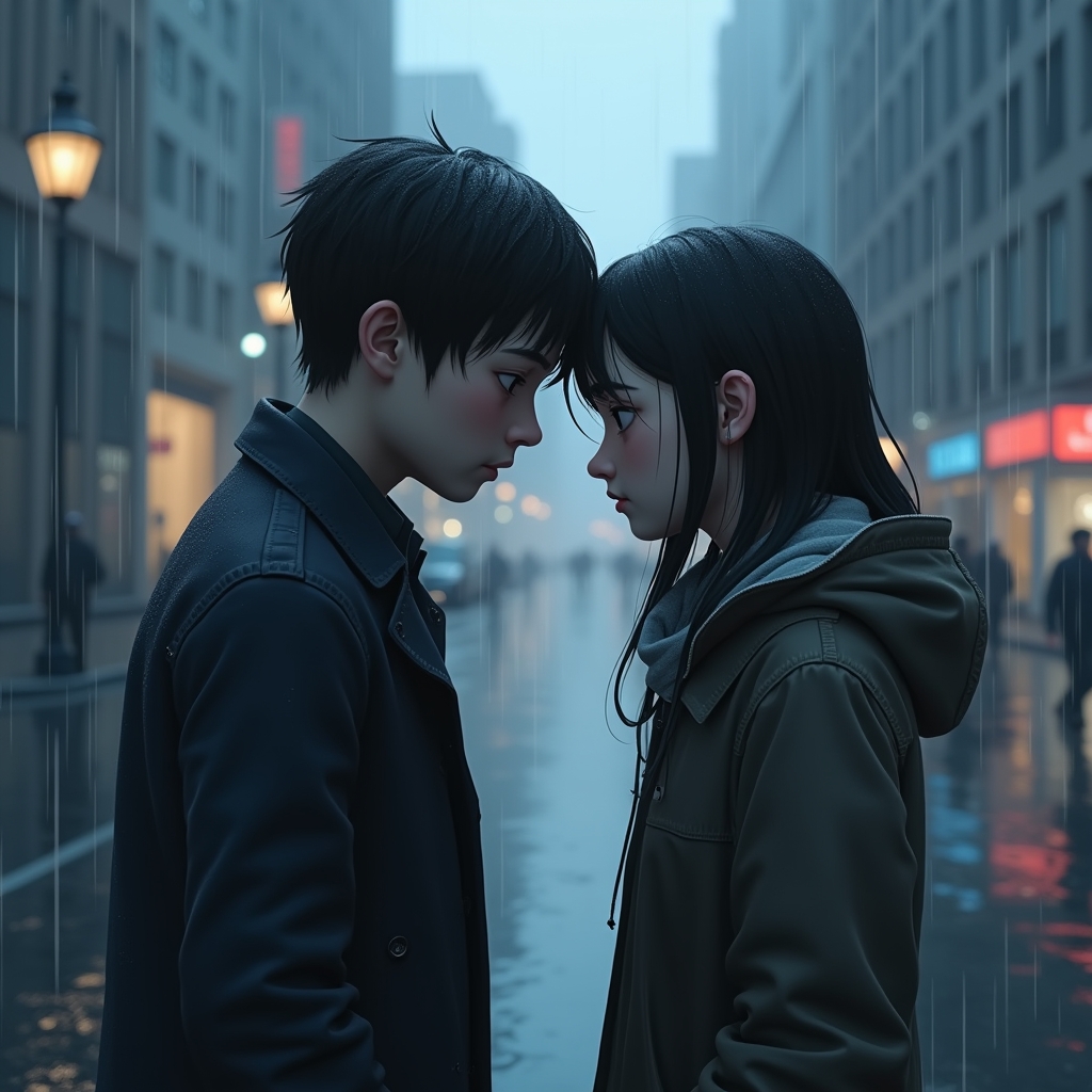 revolutionizing - An AI-generated scene showing a detailed and emotional moment between animated characters in a rainy urban