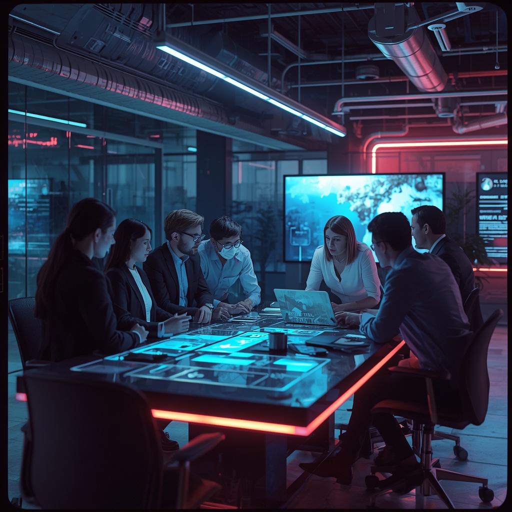 revolutionizing - Creative team brainstorming around a high-tech digital table, discussing AI video strategies, modern office