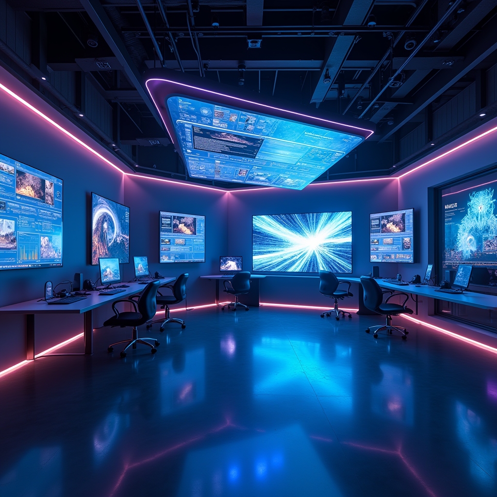 sleek, futuristic film production studio with large screens displaying high-resolution VFX editing software, illuminated by soft blue and purple lights, reflecting advanced technology and innovation