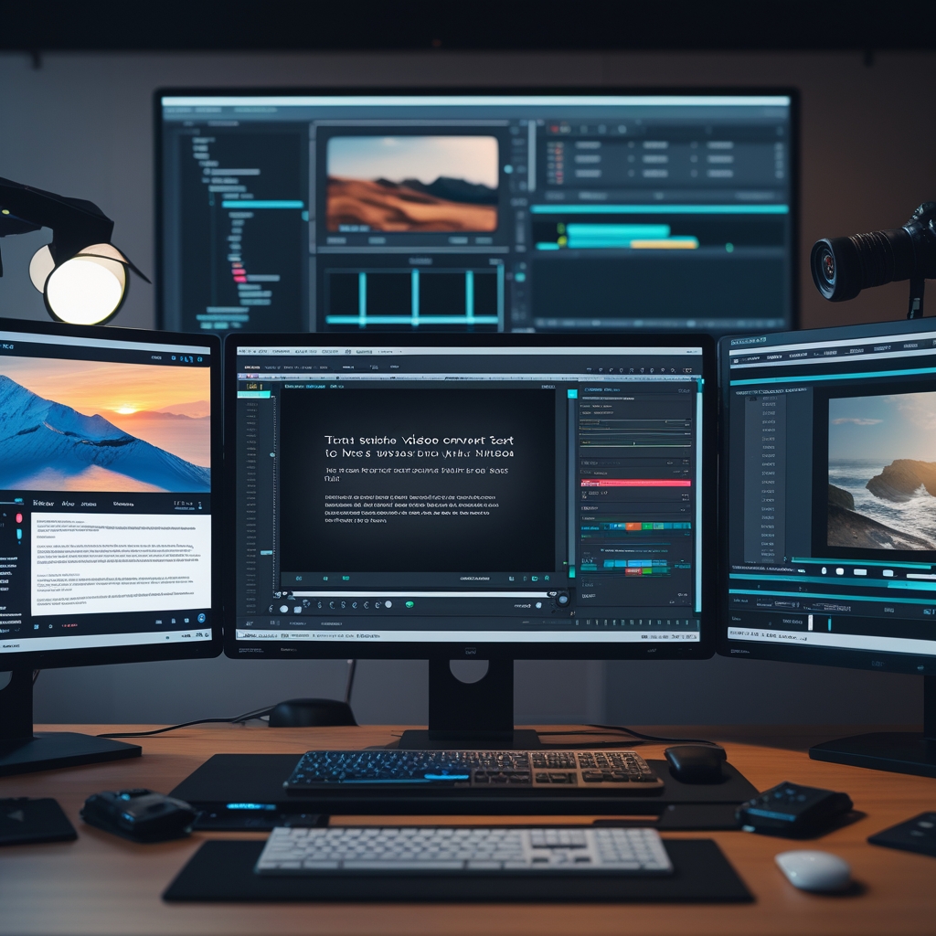 unlocking - dynamic video editing suite displaying AI tools on multiple monitors, with a focus on a text-to-video conversion