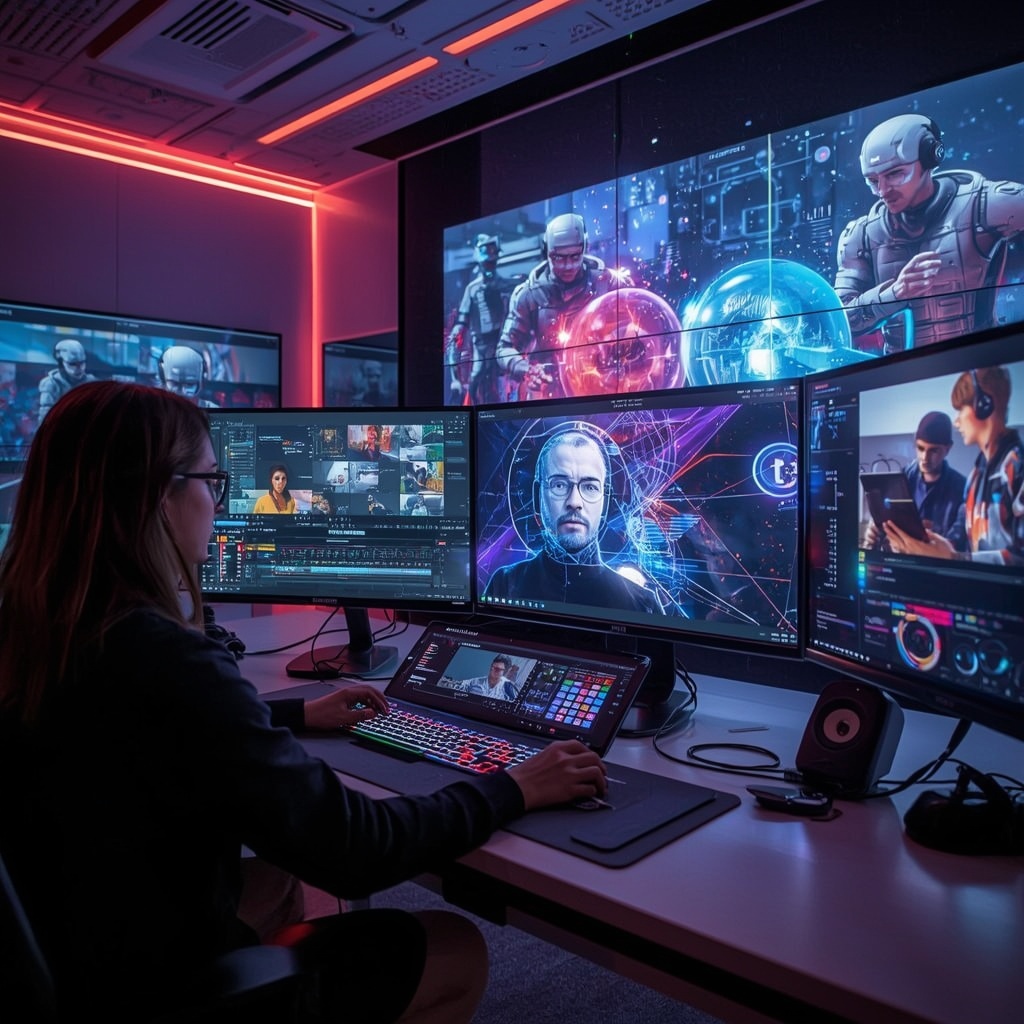 futuristic AI video editing suite with holographic displays and creators using advanced gestural interfaces, vibrant colors, high-tech, cutting-edge, immersive environment