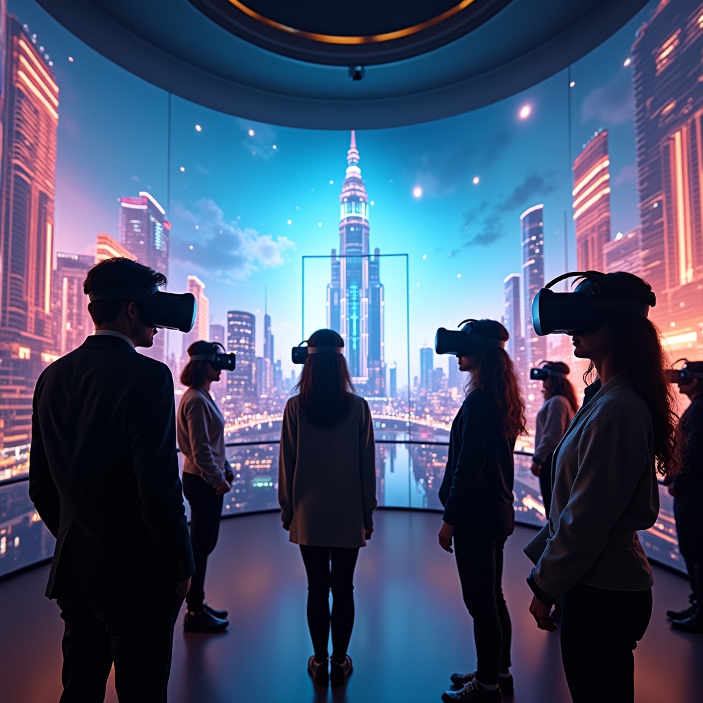 unlocking - immersive virtual reality film experience with viewers wearing VR headsets, engaged in a visually rich, interacti