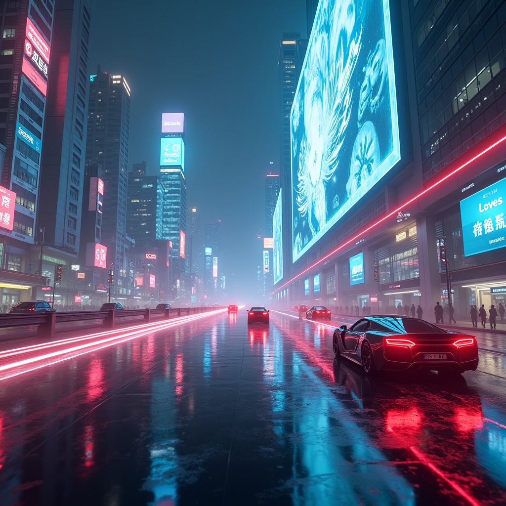 unlocking - AI-generated scene showing a futuristic cityscape with flying cars, neon lights, and holographic billboards, ultr