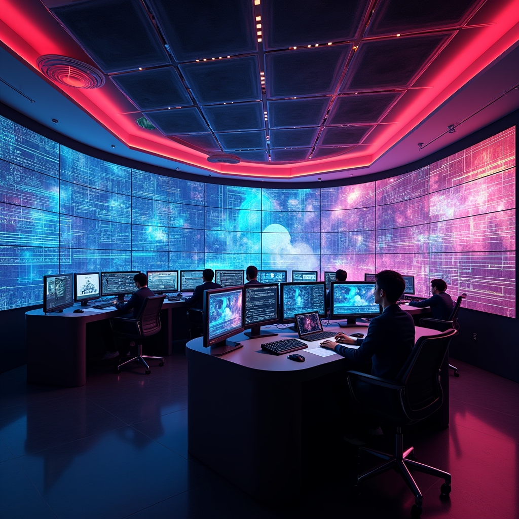 Futuristic control room with large screens displaying AI algorithms processing video content, vibrant colors, high-tech environment, ultra-realistic, 8k quality