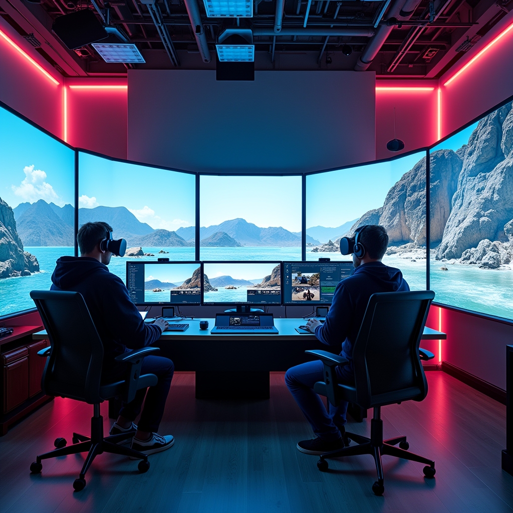 a futuristic video production studio filled with advanced AI technologies, showcasing large screens displaying AI-generated scenes, vibrant colors, high-tech equipment, and professionals using virtual reality interfaces to edit films