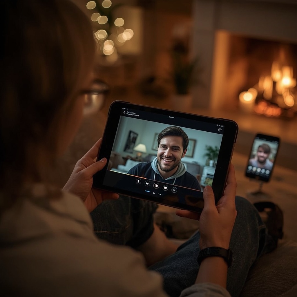 revolutionizing - Viewer watching a personalized video stream on a tablet, comfortable home setting, evening, cozy ambiance,