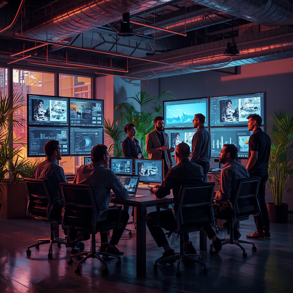 revolutionizing - Creative team discussing video projects in a modern office, large monitors displaying AI video analytics, d