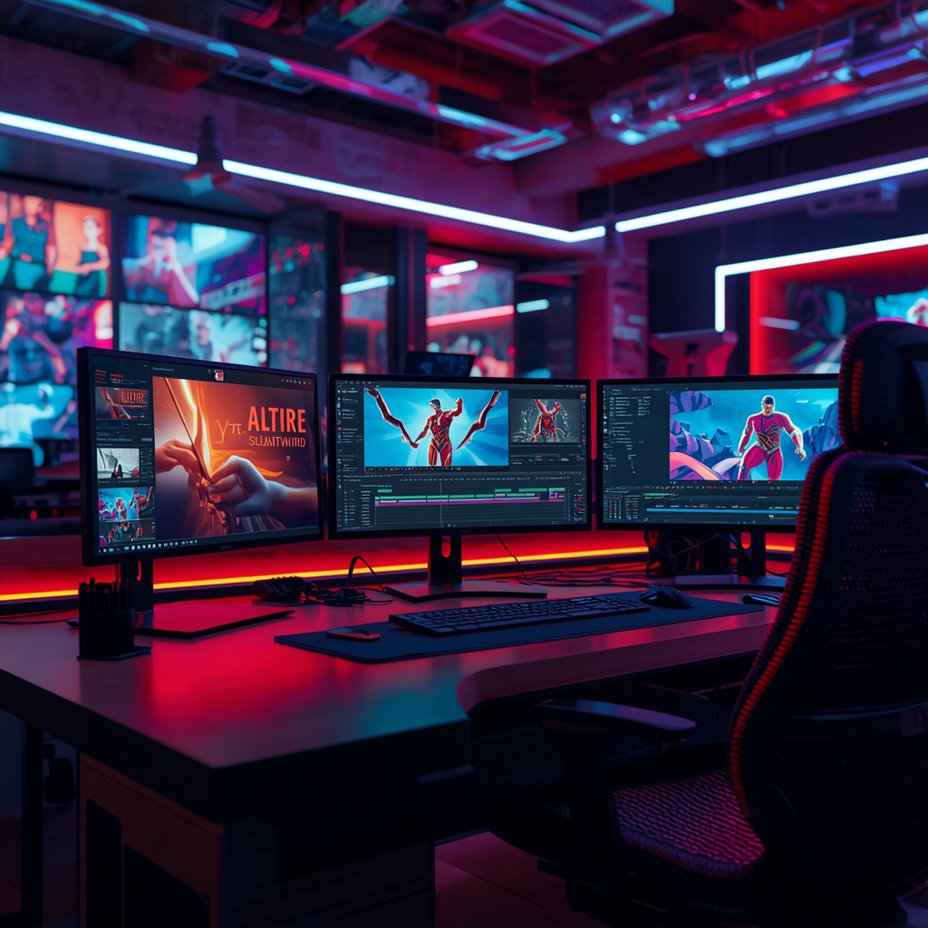 futuristic AI technology workspace with multiple screens displaying advanced video editing software, vibrant color schemes, dynamic animations being rendered, modern, sleek design, high-resolution