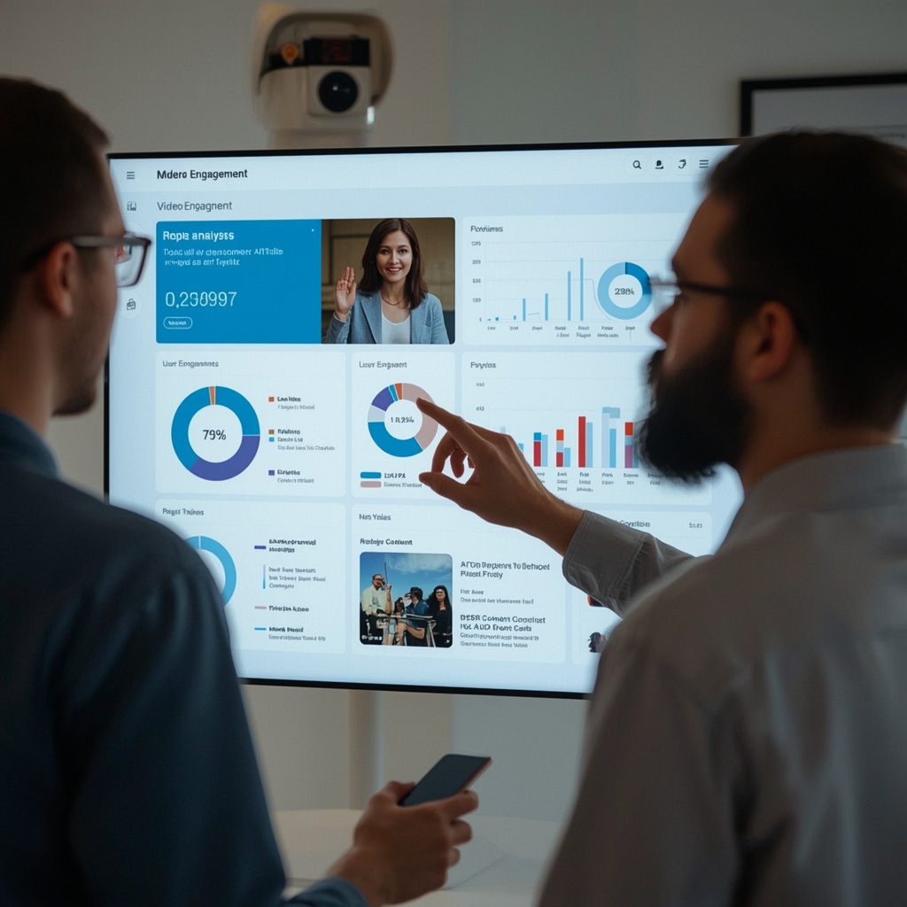 unlocking - interactive AI dashboard showing real-time data analysis, user engagement metrics, customizable video content fea