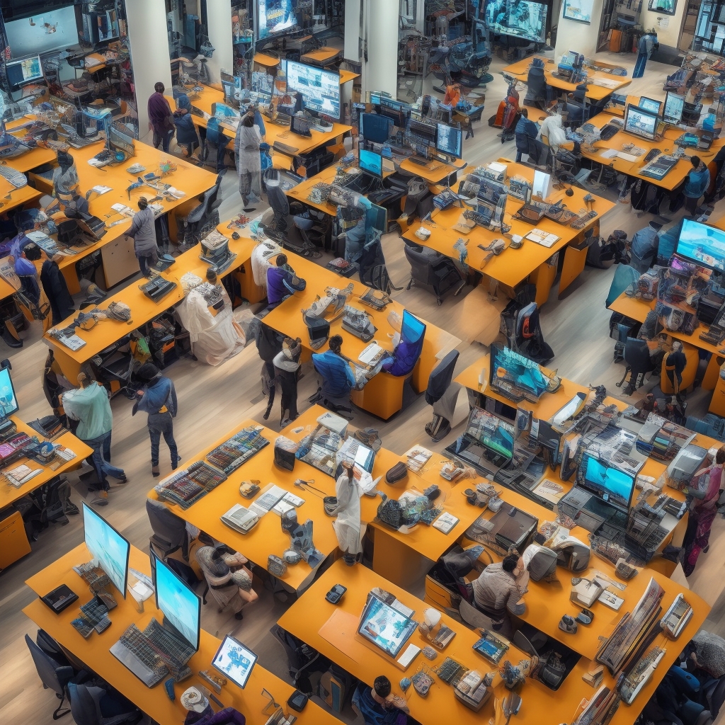 A bustling creative studio with multiple screens displaying AI-generated video content, showing diverse characters and dynamic animations, vibrant colors, high-resolution visuals