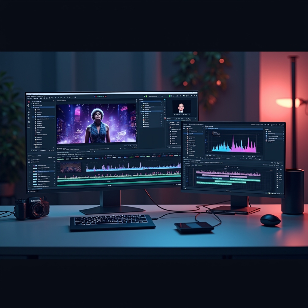 unlocking - a high-tech video editing suite with AI features, showing automated script suggestions, real-time editing, and di