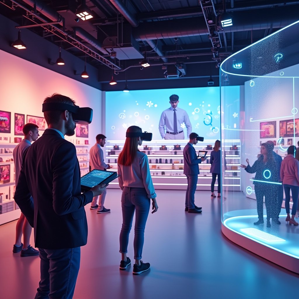 revolutionizing - An immersive VR marketing experience, showcasing a virtual store with interactive product demos, vivid colo