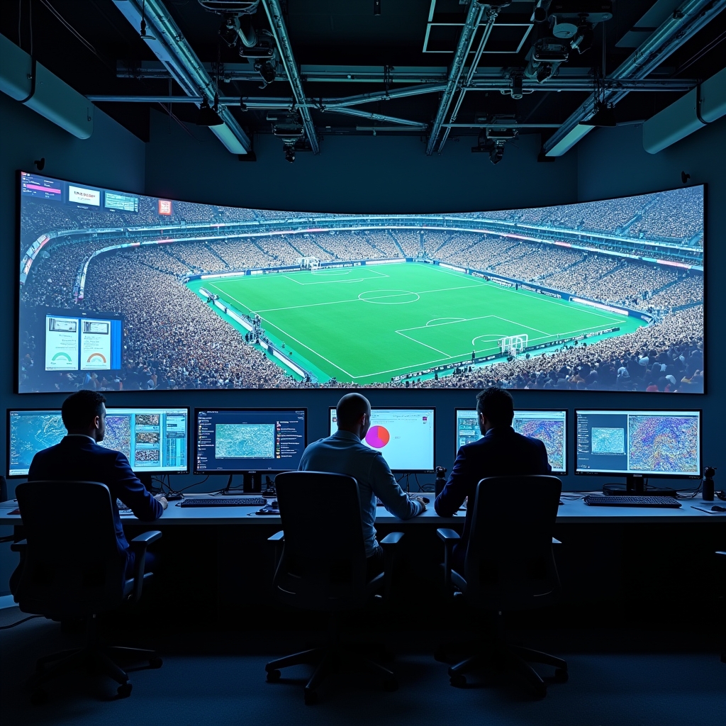 revolutionizing - A high-tech control room monitoring global sports events with AI, displaying multiple feeds, dynamic graphi