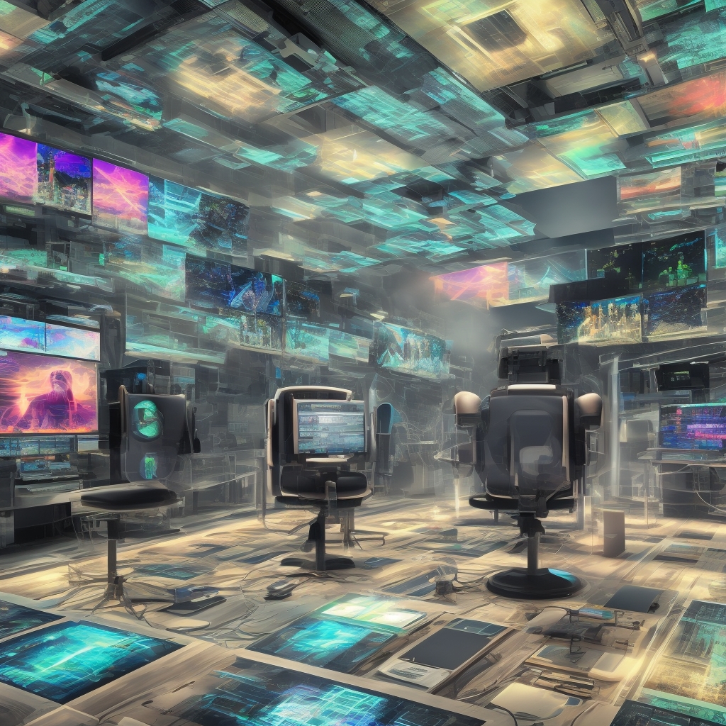 futuristic AI video editing suite with multiple screens displaying advanced video analytics, vibrant colors, high-tech environment, 8k quality