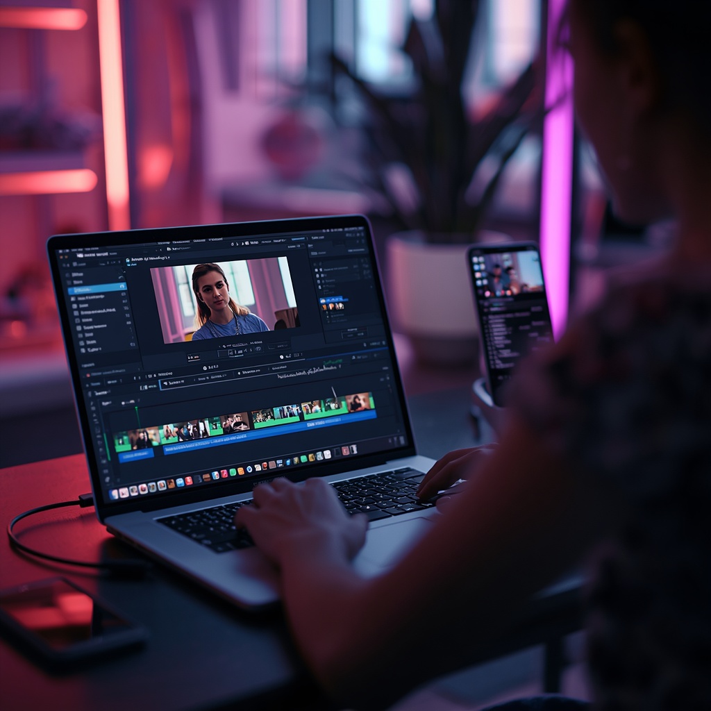 revolutionizing - influencer using advanced AI video editing software on a laptop, visible engagement analytics on the screen