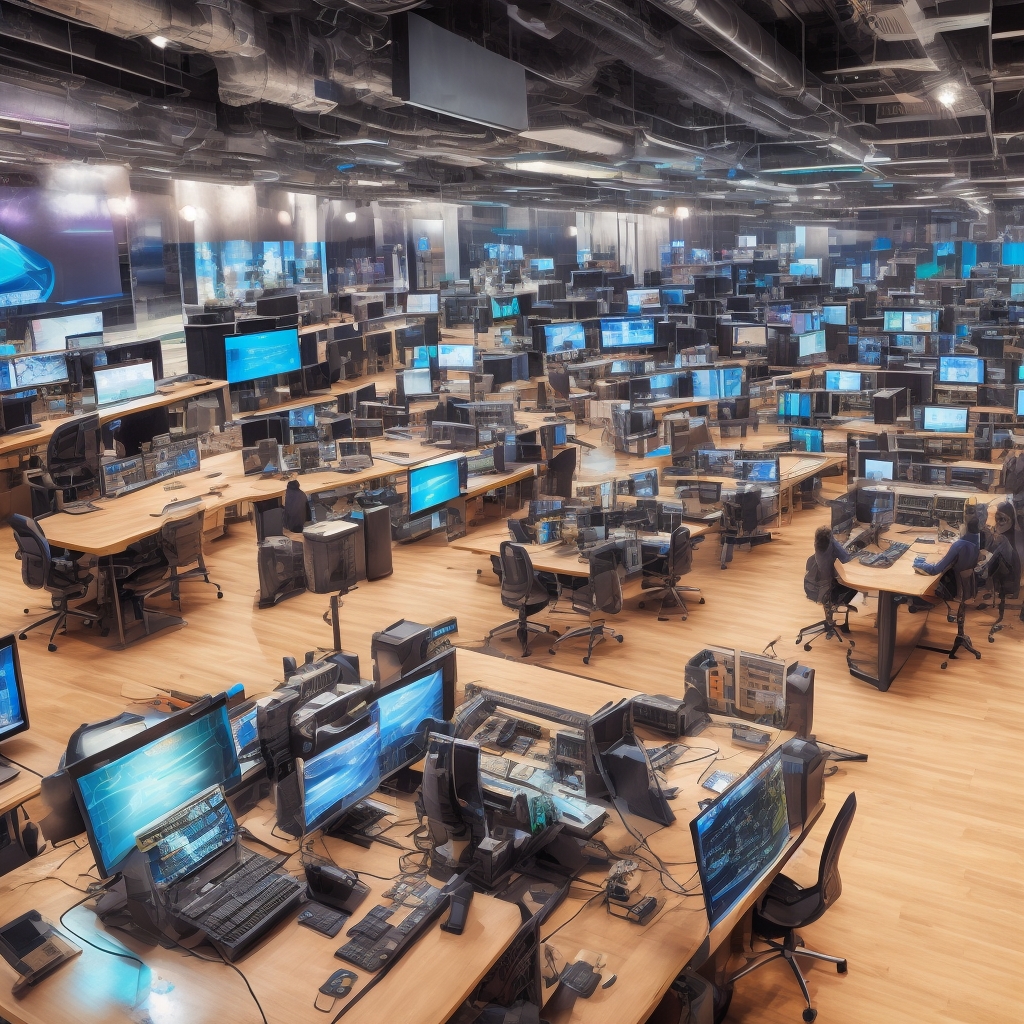 dynamic video editing suite displaying AI tools on multiple screens, with a young, diverse team collaboratively interacting, vibrant color schemes, high-tech and modern atmosphere