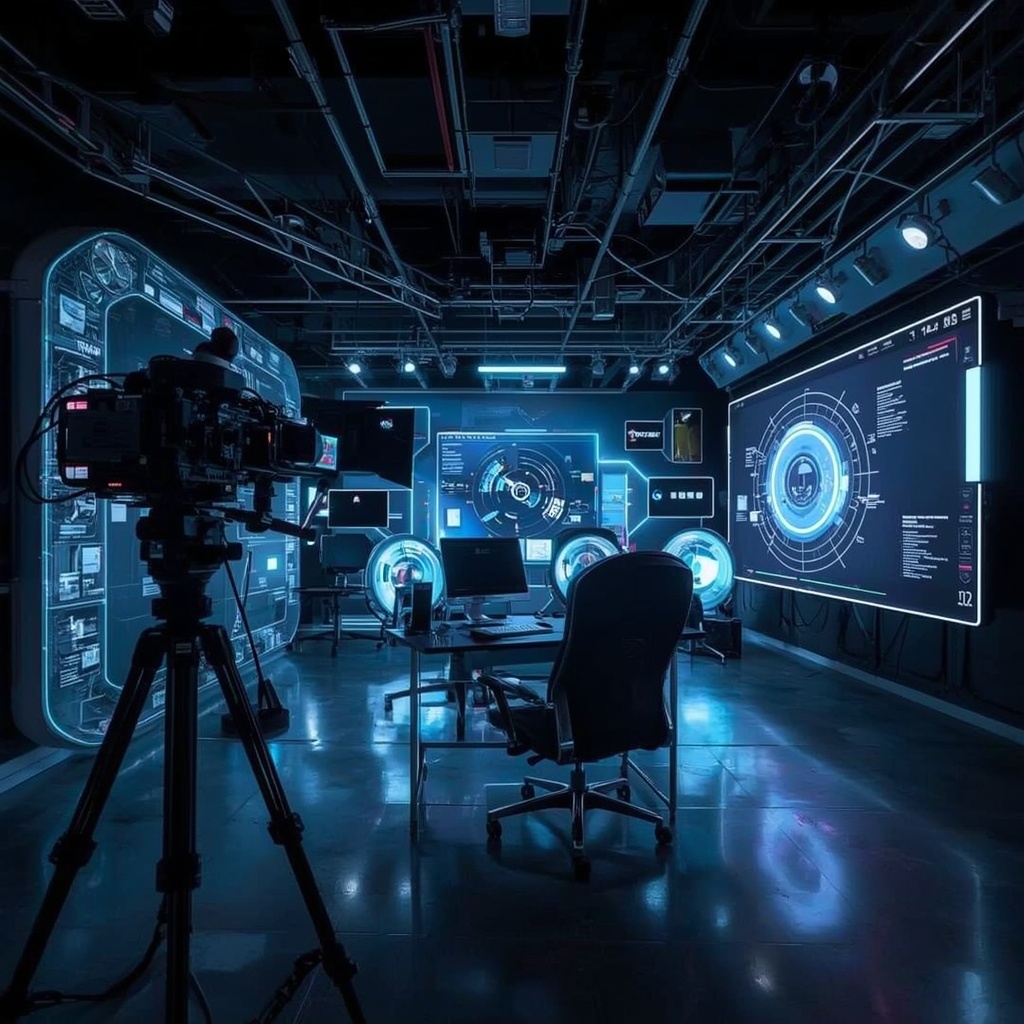 revolutionizing - futuristic AI video production setup featuring VR and AR integration, high-tech studio environment with adv