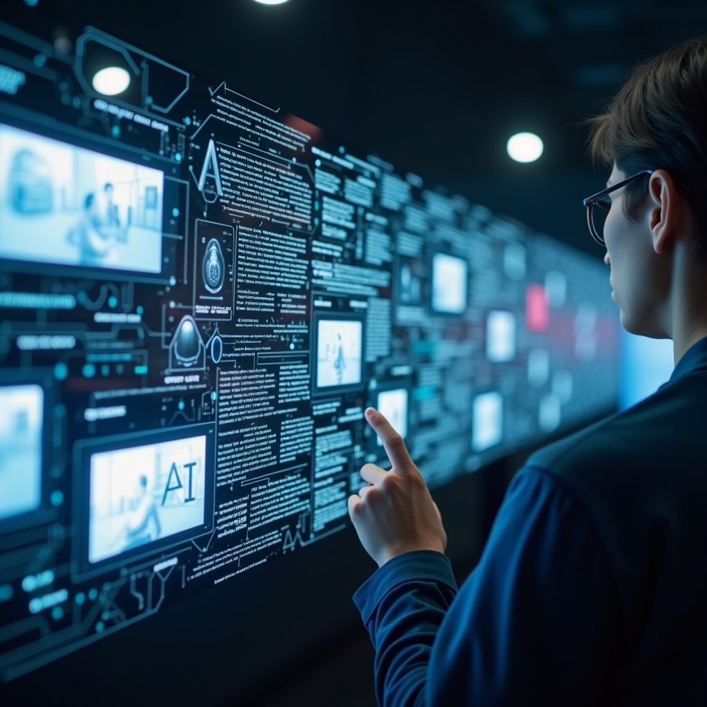 Futuristic AI technology interface showing video generation from text, vibrant screens displaying various personalized video content, dynamic and interactive, high-tech digital environment, ultra-realistic, high-resolution