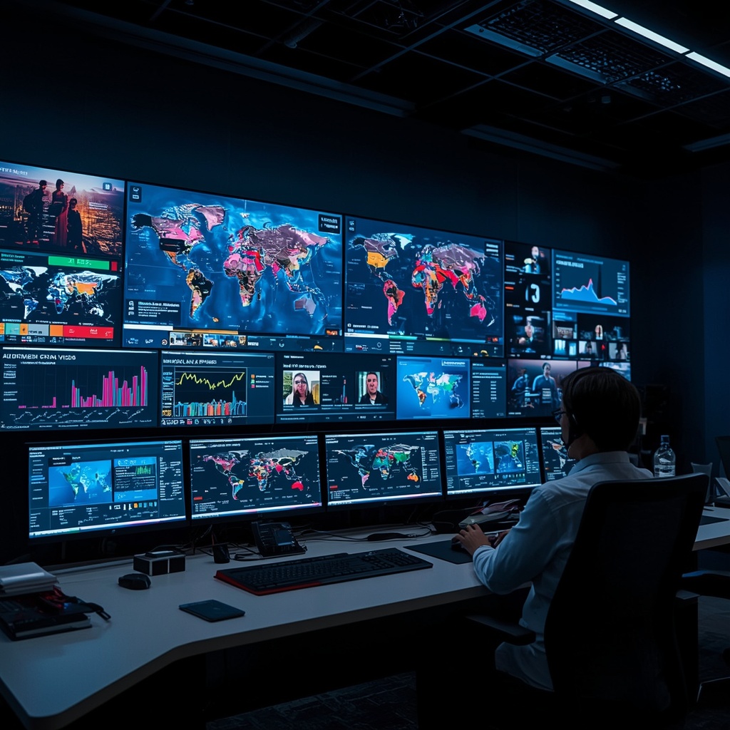 unlock - High-tech control room monitoring real-time video engagement, screens display various analytics and data graphs, vib