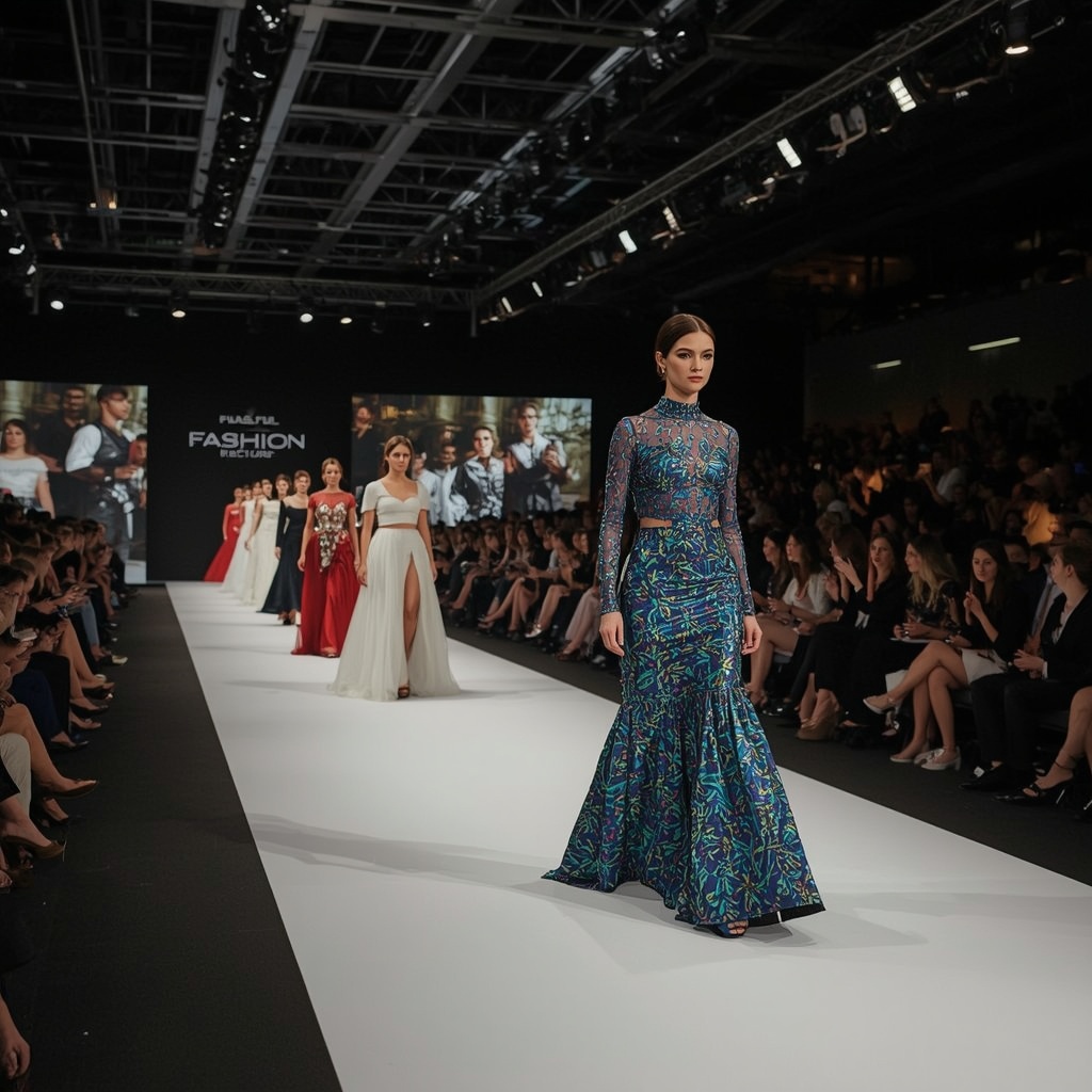 unlock - Elegant fashion show with models on runway, videos personalized showing audience reactions, high-class ambiance, mod
