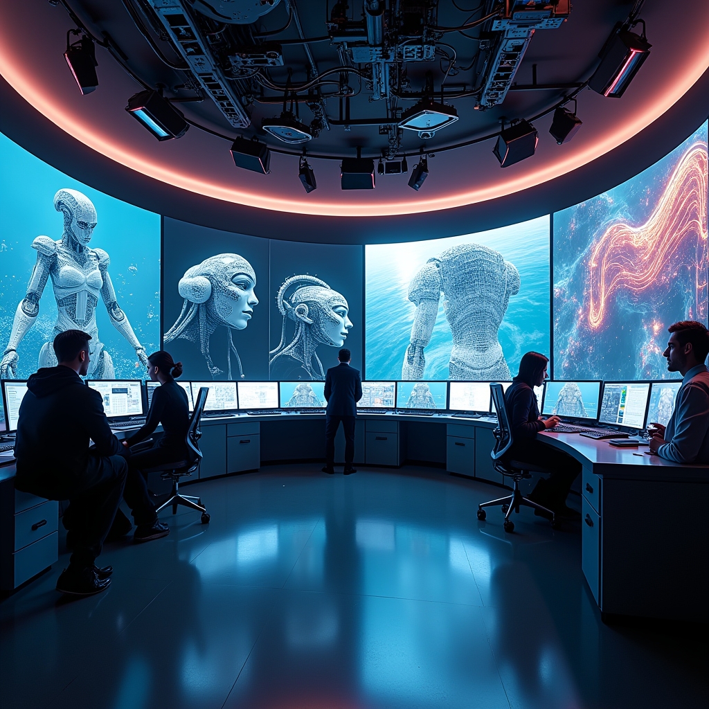 Futuristic AI video production studio with advanced generative AI systems displaying 3D models and video editing timelines, vibrant screens, and creative professionals engaged in content creation, high-tech, dynamic atmosphere