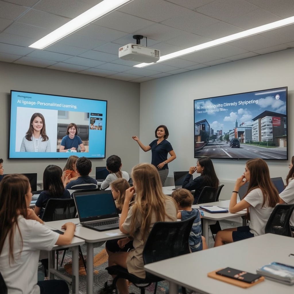 revolutionizing - Interactive digital classroom featuring AI-driven personalized learning videos on large screens, diverse gr