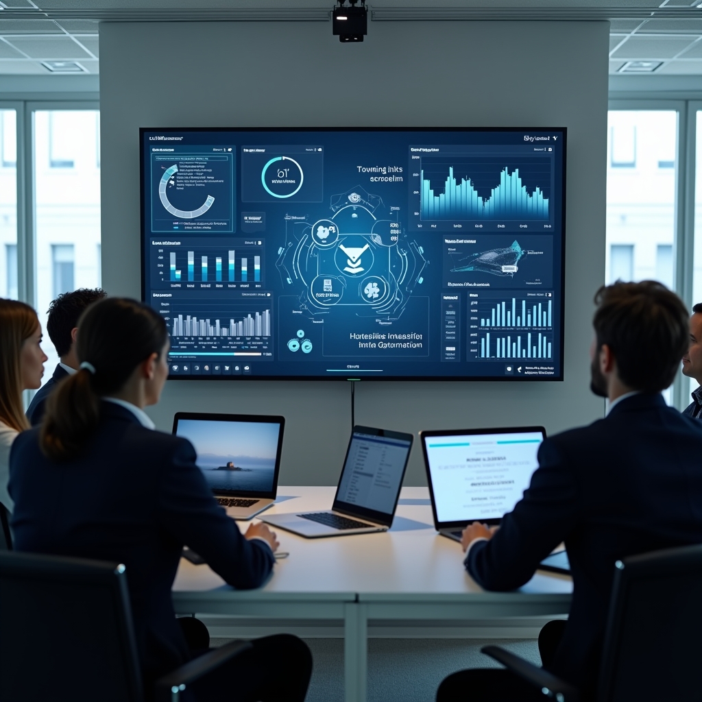 revolutionizing - Corporate team meeting with AI video analytics on a large screen showing viewer engagement metrics, modern
