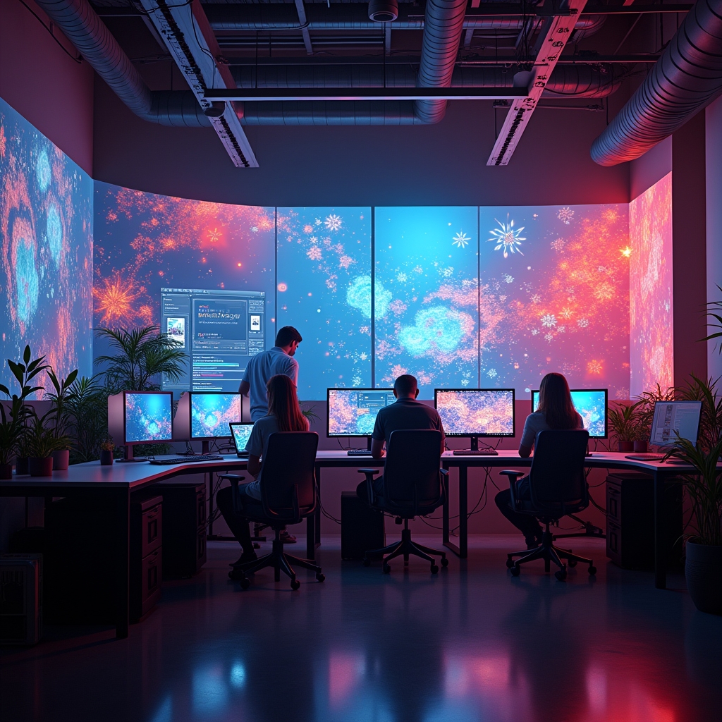 a bustling creative studio with multiple screens displaying AI video generation tools, designers actively engaging with AI software, vibrant and modern aesthetic, high-tech environment, 8k quality, photorealistic