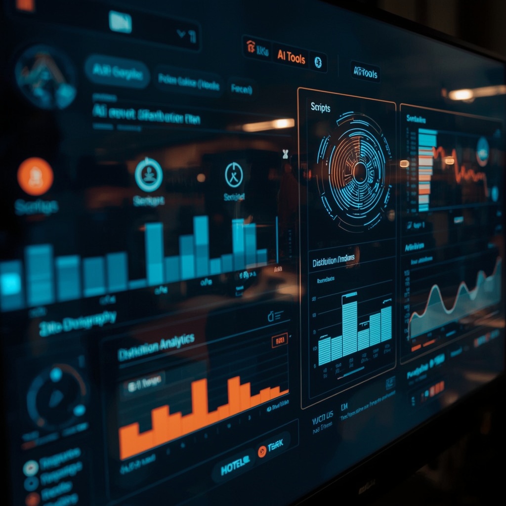 AI tools displayed on a digital screen with futuristic blue and orange light interfaces, showing scripts, video edits, and distribution analytics, reflecting a high-tech, creative workspace