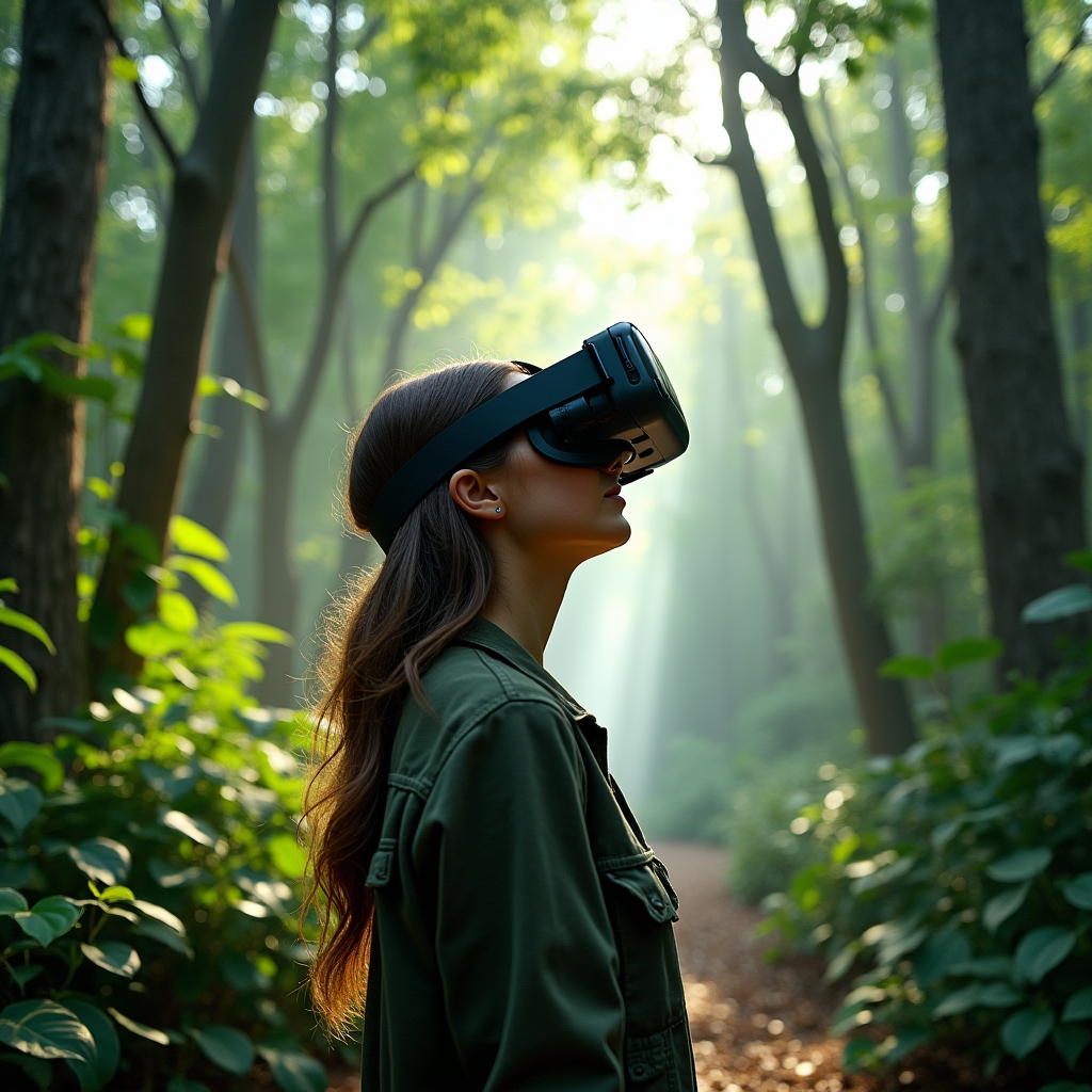 revolutionizing - Virtual reality simulation with viewers experiencing a forest environment, realistic textures of trees and