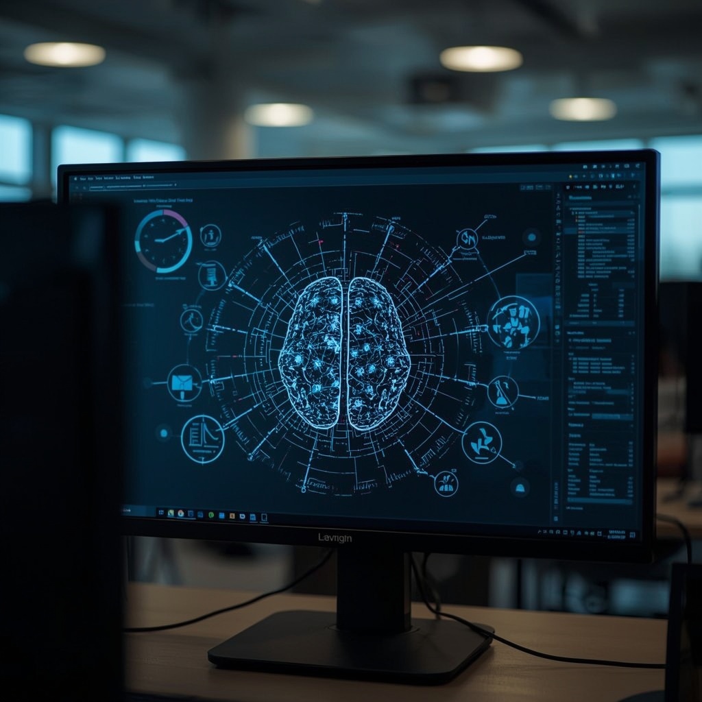 revolutionizing - AI learning interface on a computer screen, showing evolving algorithms and data analysis, modern office ba