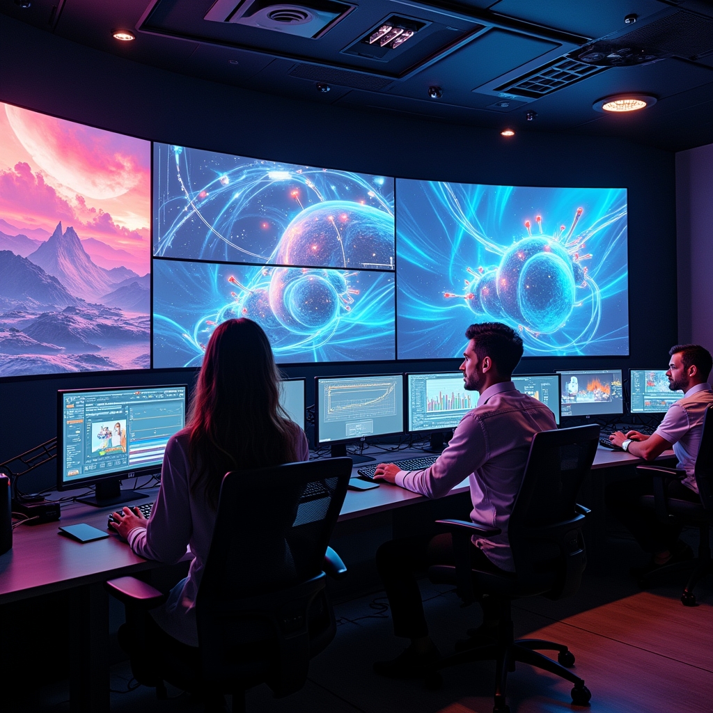 dynamic video editing suite with multiple screens displaying AI-generated personalized content, vibrant visuals, modern technology, busy creative professionals at work, high-tech atmosphere, ultra realistic, highly detailed, 8k quality, photorealistic