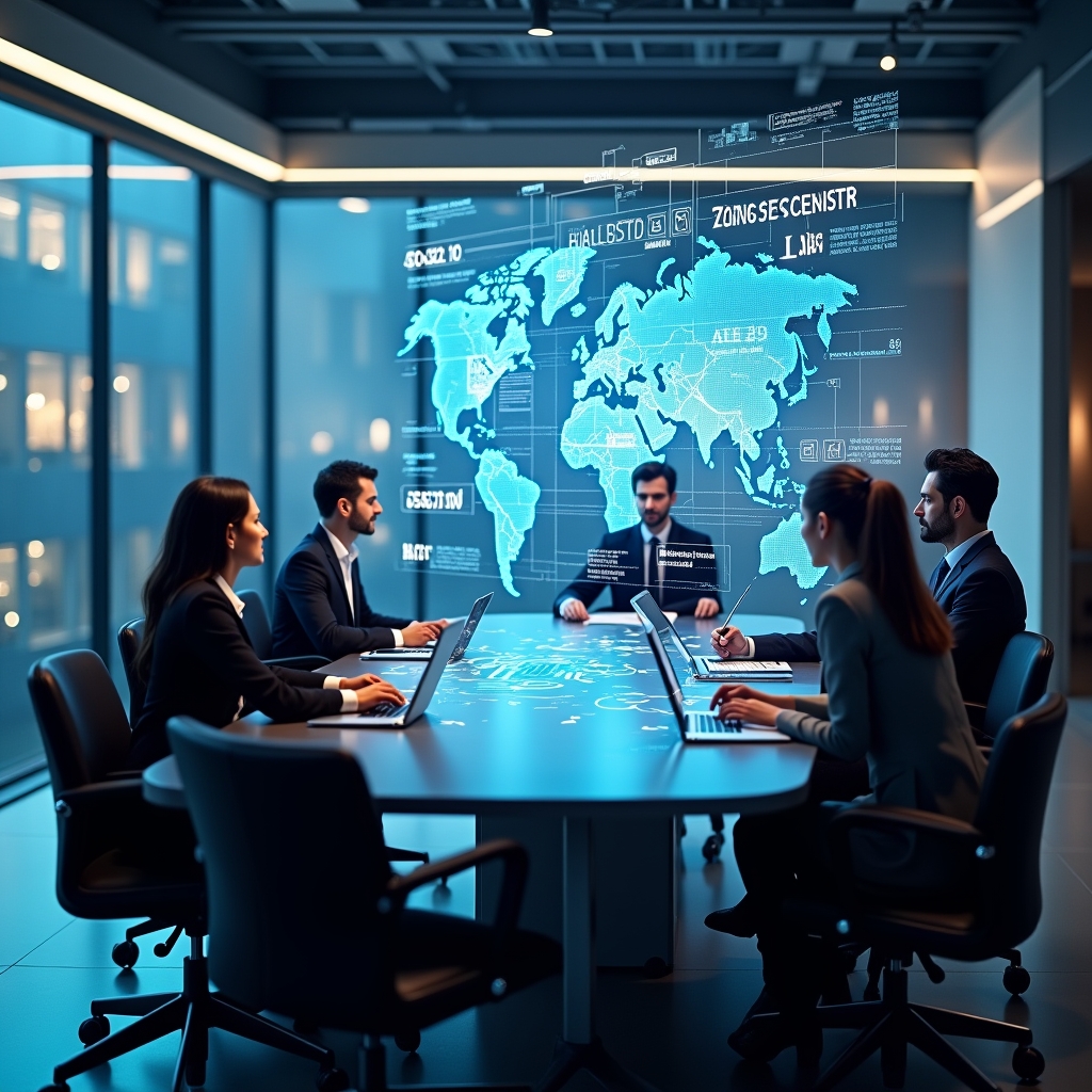 unlocking - futuristic marketing meeting with holographic displays of data analytics, diverse team of professionals strategiz