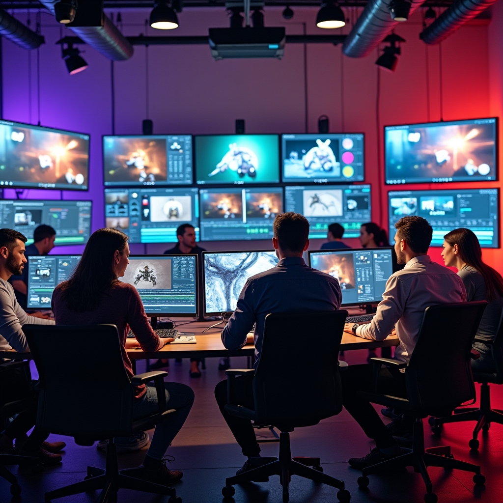 A busy creative studio with multiple screens displaying advanced video editing software, showing AI tools in use, diverse group of professionals collaborating, modern, high-tech environment, vivid colors, dynamic atmosphere