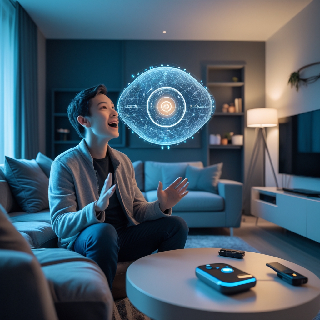 revolutionizing - Futuristic depiction of a viewer engaging with an interactive AI-generated video, highly immersive environm