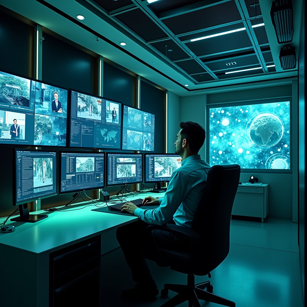futuristic AI video editing suite with multiple screens displaying various demographic analytics and video content adjustments, dynamic, high-tech environment, vivid colors predominately blue and green, ultra-realistic, 8k quality