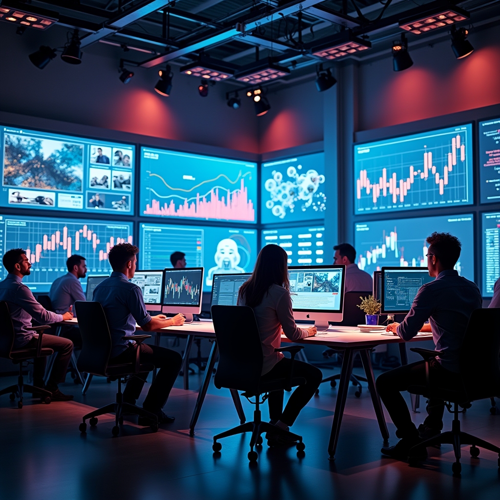 revolutionizing - dynamic video production team using AI tools in a modern studio, screens displaying advanced analytics and