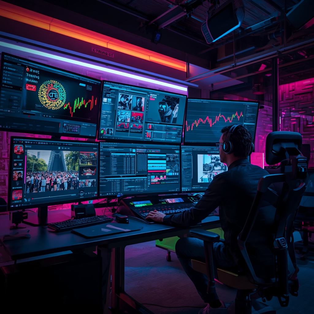 futuristic video editing suite with multiple screens displaying AI tools and video analytics, vibrant color schemes, modern design, high-tech environment, focusing on a creative professional using the equipment