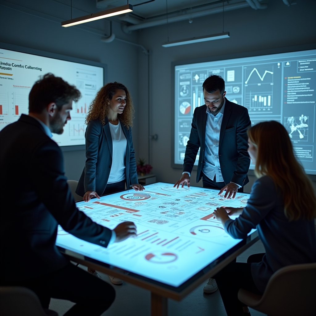 revolutionizing - creative team brainstorming around a high-tech digital table with AI analytics on screen, diverse group of