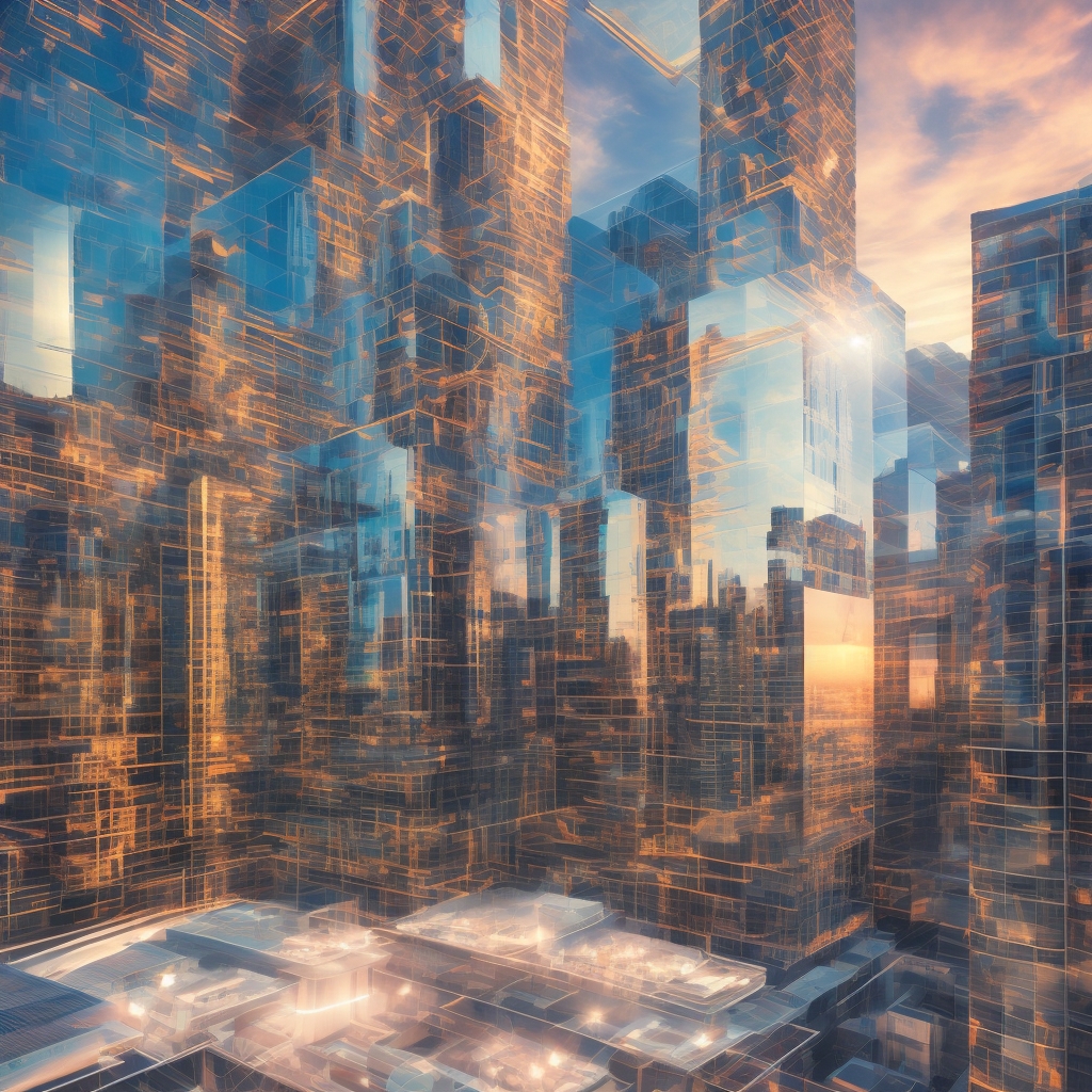 revolutionizing - sunset view over a futuristic cityscape, reflecting advancements and possibilities in AI video production,