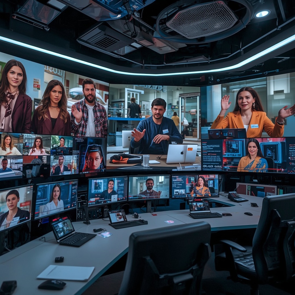 A futuristic control room with large screens displaying AI-generated videos, showcasing diverse demographics and personalized content, vibrant colors, high-tech environment, 8k quality