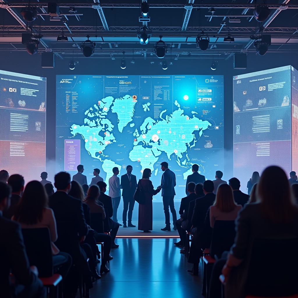 revolutionizing - A visionary depiction of a 2026 digital marketing conference with a focus on AI video technologies, featuri