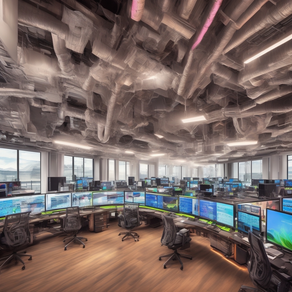 futuristic video editing suite with multiple screens displaying AI tools and graphs, vibrant colors, a creative professional working fluidly with the technology, in a sleek, modern office environment